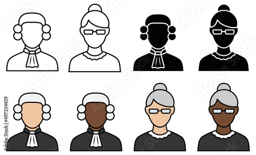 Court Judge Avatar Set with Man and Woman - Outline, Silhouette and Color