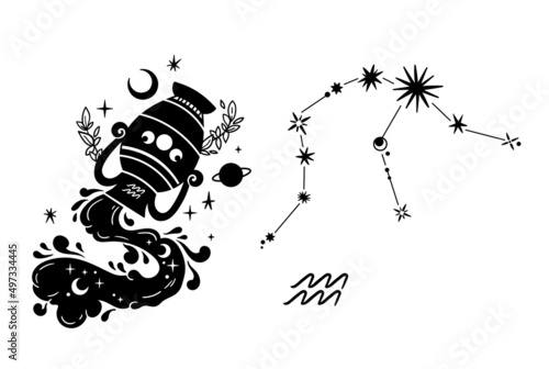 Aquarius zodiac hand drawn sign isolated clipart, unique astrology symbol and constellation, mystical horoscope sign in black silhouette, modern vector