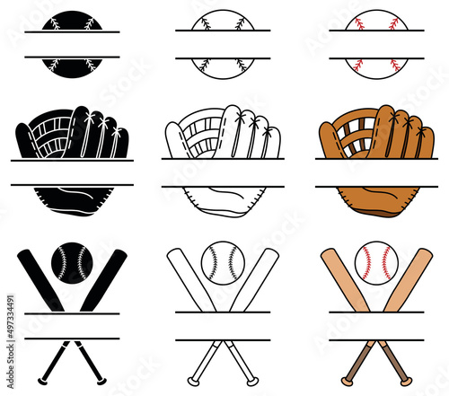 Baseball, Bat and Glove Monogram Split Template Label Set - Outline, Silhouette and Color