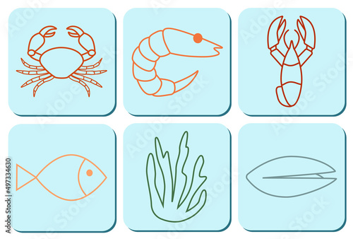 Outline colored line sea food icons Design element for web or app Vector illustration Isolated on white background