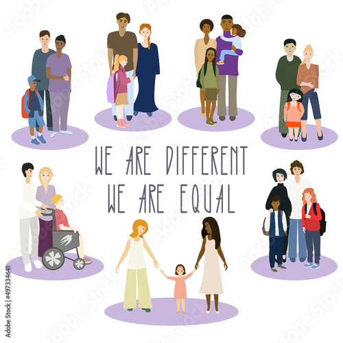 Multi-ethnic group of people. Diversity families. All people equal concept. Men and women portrait. Disabled child. Girl in a wheelchair. Isolated vector illustration on white background