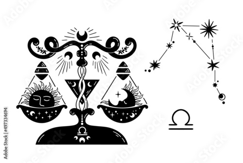 Libra zodiac hand drawn sign isolated clipart on white, unique astrology symbol and constellation, mystical horoscope sign in black silhouette, modern vector