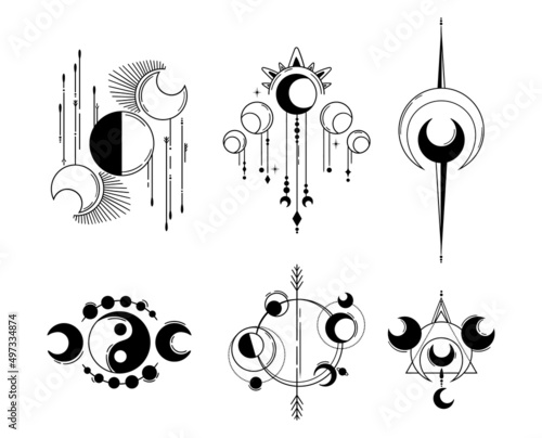 Mystical moon abstract composition, moon phases, sacred geometry, isolated cliparts bundle, celestial magic moon collection, silhouettes of luna, esoteric objects - vector