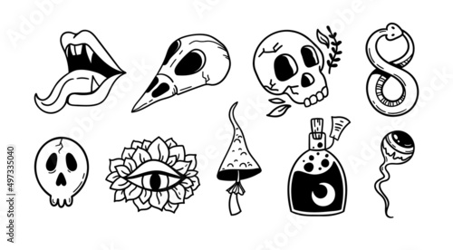 Mystical trippy isolated cliparts bundle, goblincore aesthetics, mystical snake, evil eye, mushroom, crow skull, magic bottle - esoteric witchy stuff, black and white vector