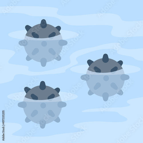 Naval mine. Bomb to destroy ships. Military weapons in water.