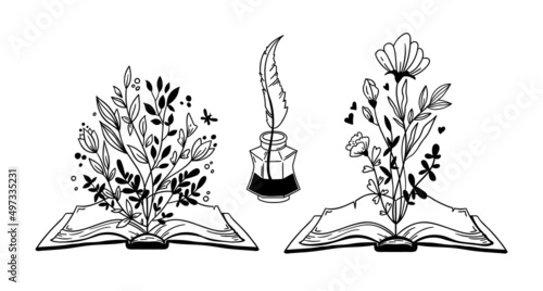 Open book and wild flowers black and white vector graphic, Floral book and feather isolated clip art, Book lovers hand drawn print, Fantasy botanical illustration