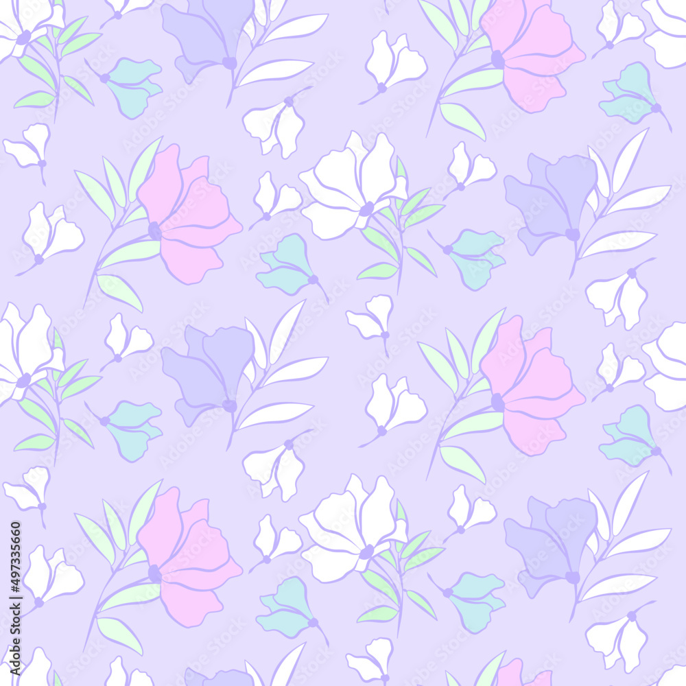 Vector seamless half-drop pattern, with leaves and flowers Vector seamless half-drop pattern, with leaves and flowers