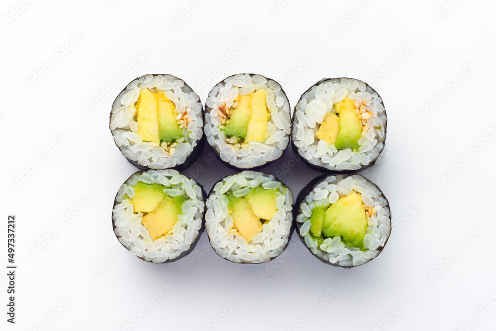 Rolls on a white background, rolls and sushi, sushi with different fillings Rolls on a white background, rolls and sushi, sushi with different fillings