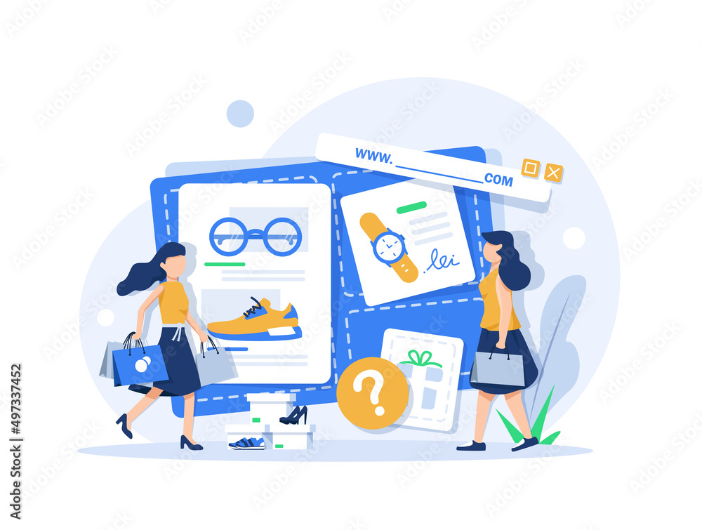 Consumer View, Choose and Buy Fashion Items on Ecommerce Marketplace on Computer Screen,flat design icon vector illustration Consumer View, Choose and Buy Fashion Items on Ecommerce Marketplace on Computer Screen,flat design icon vector illustration