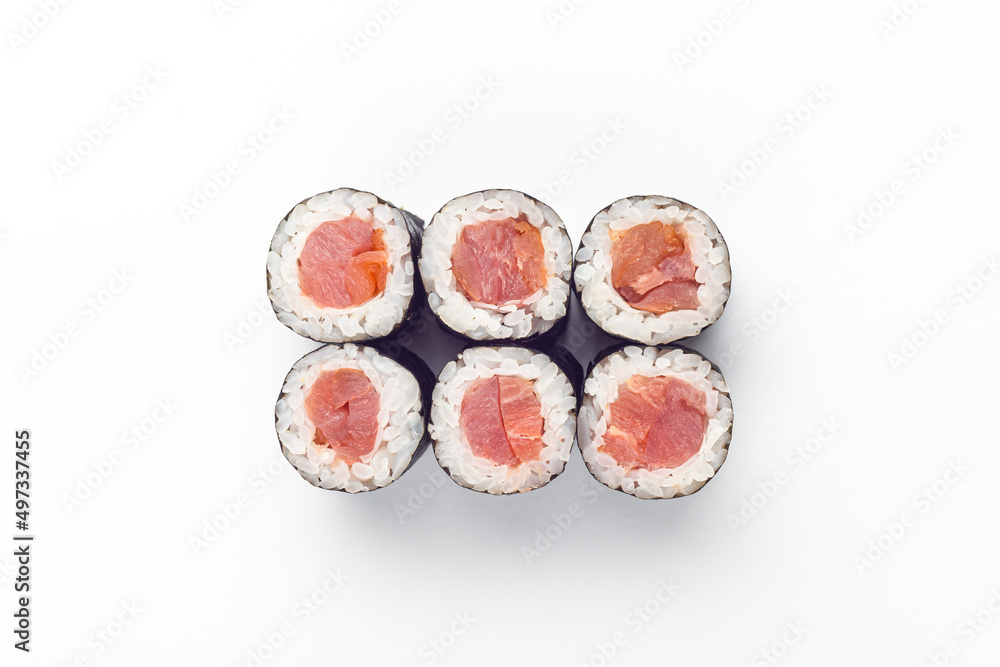 Rolls on a white background, rolls and sushi, sushi with different fillings