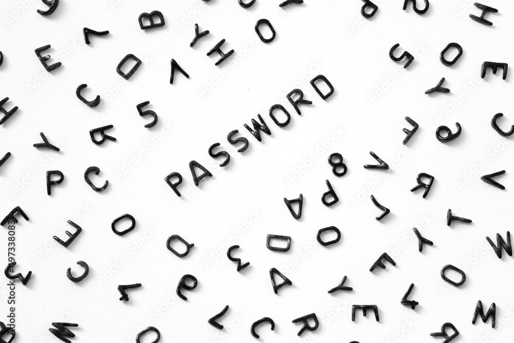 password from black letters on a white background, English letters around, strong password