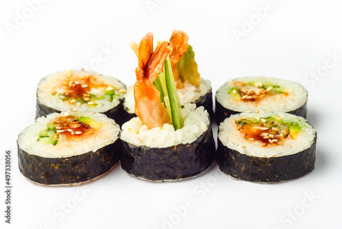 Rolls on a white background, rolls and sushi, sushi with different fillings