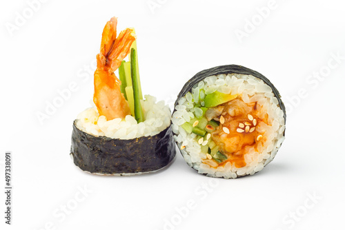 Rolls on a white background, rolls and sushi, sushi with different fillings