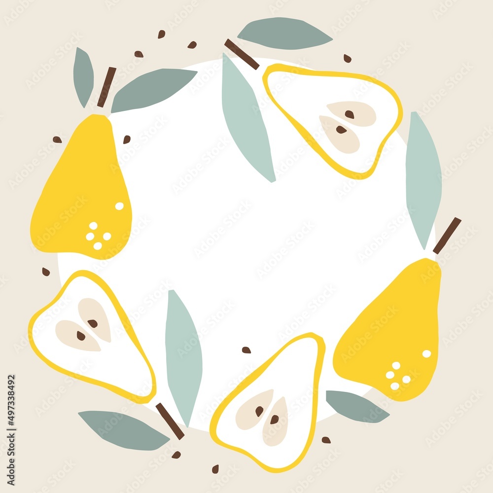 Pear frame. Round seasonal fruit border. Pear isolated frame with copy space. Summer tropical background with pears. For poster, banner, cover, invitation For text, save date, photo. Pear frame. Round seasonal fruit border. Pear isolated frame with copy space. Summer tropical background with pears. For poster, banner, cover, invitation For text, save date, photo.