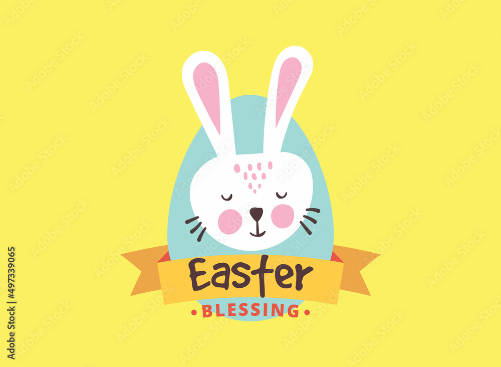 White rabbit in egg with text Easter, card for Easter. White rabbit in egg with text Easter, card for Easter.