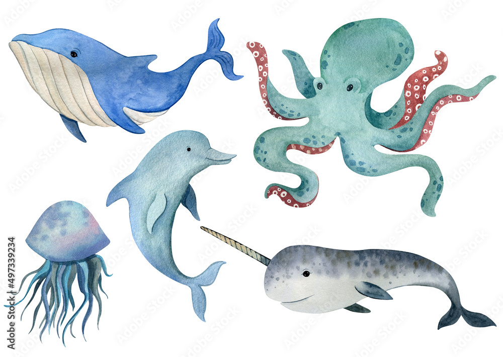 Fototapeta premium Watercolor illustration with sea animals