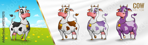 cute fun milking cow cartoon black color white purple yellow milk grass flower cloud cartoon