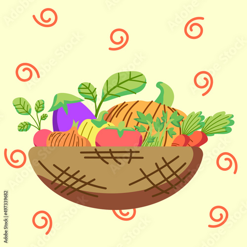 Vetor flat de uma cesta de legumes e hortaliças.