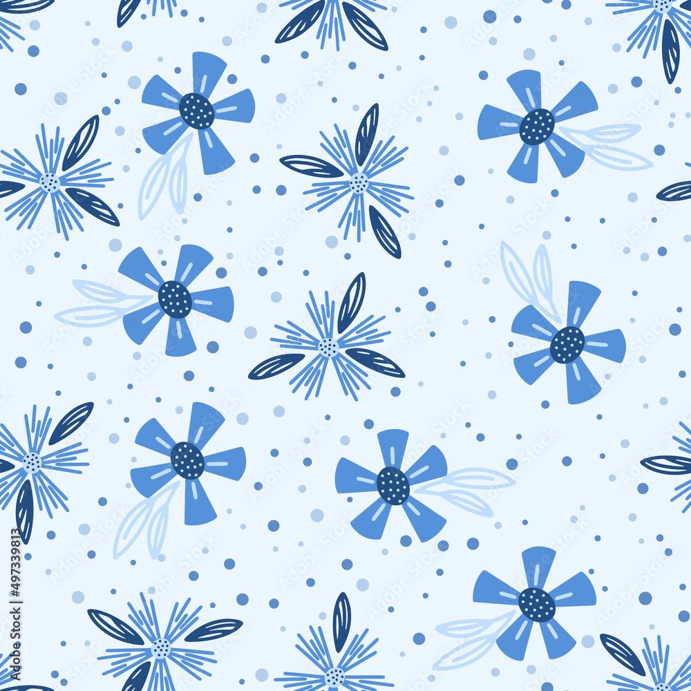 Flowers seamless pattern. Scandinavian style background. Vector illustration for fabric design, gift paper, baby clothes, textiles, cards.