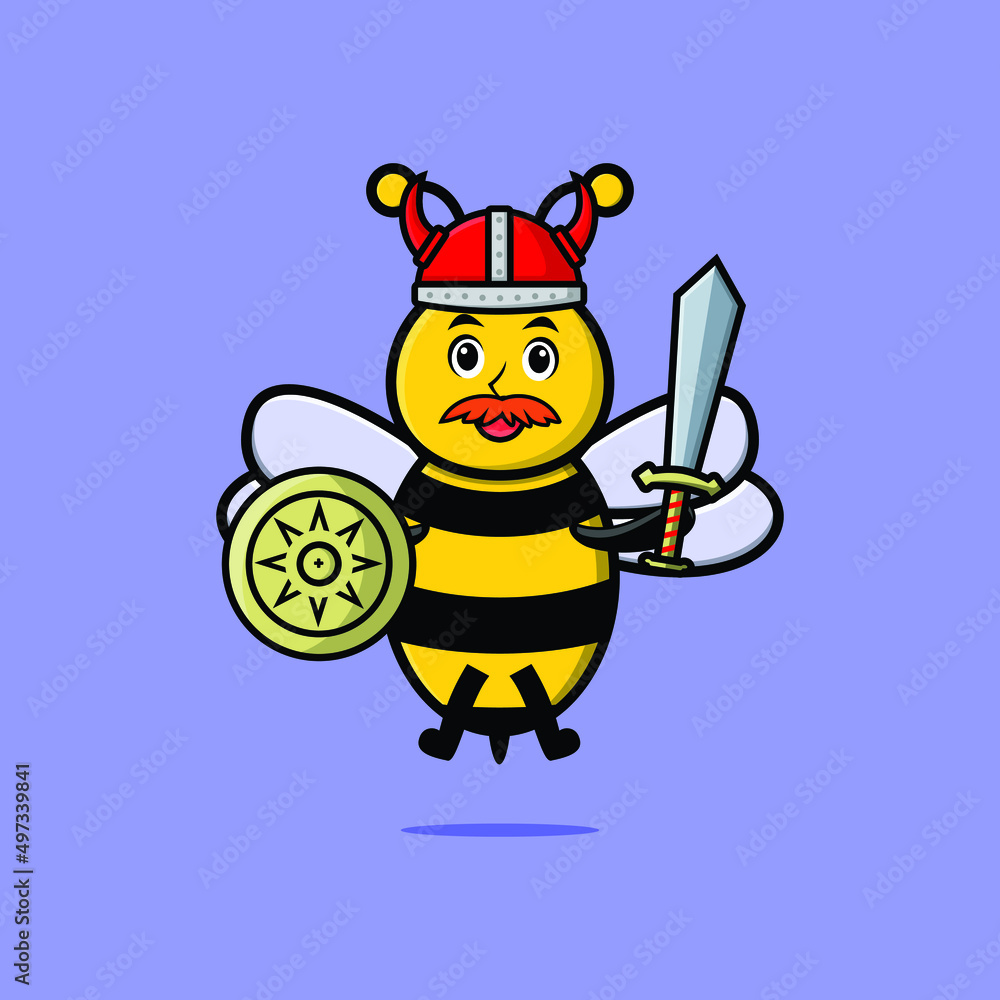 Cute cartoon character Bee viking pirate with hat and holding sword and shield in cute modern style design 
