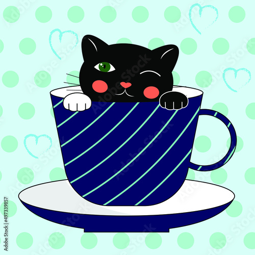 Cute characters black cat in a coffee cup. Cartoon character in doodle style. Vector illustration