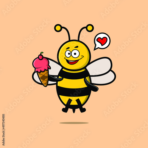 Cute Cartoon bee character holding ice cream cone