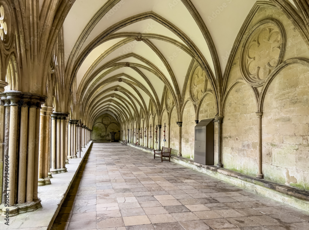 view along the Western cloister of Salisbury Cathedral, England. view along the Western cloister of Salisbury Cathedral, England.