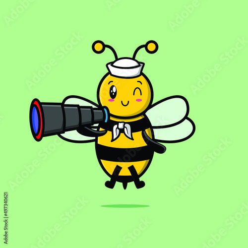 Cute cartoon bee sailor with hat and using binocular cute modern style design