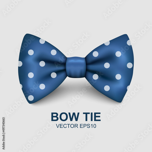 Vector 3d Realistic Blue Polka Dot Bow Tie Icon Closeup Isolated on White Background. Silk Glossy Bowtie, Tie Gentleman. Mockup, Design Template. Bow tie for Man. Mens Fashion, Fathers Day Holiday