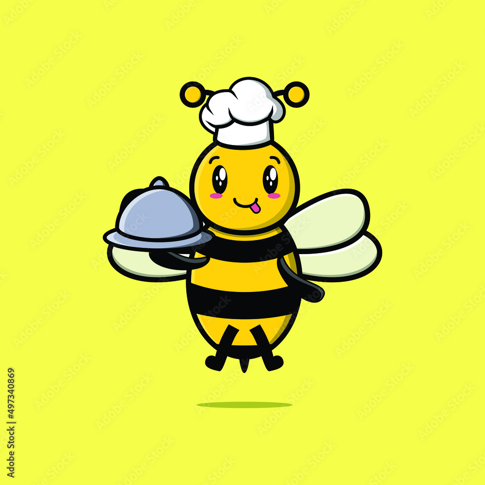 Cute Cartoon chef bee mascot character serving food on tray cute style design Cute Cartoon chef bee mascot character serving food on tray cute style design