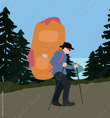 man hiking on the mountains with a huge backpack
