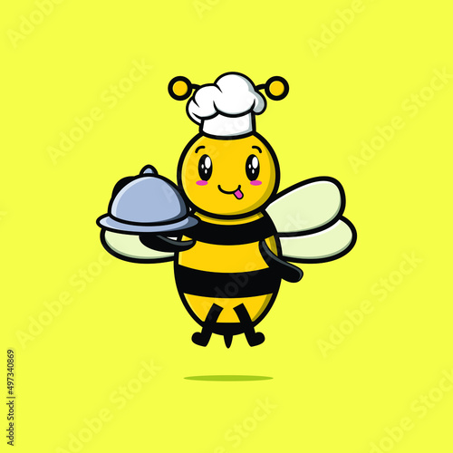 Cute Cartoon chef bee mascot character serving food on tray cute style design