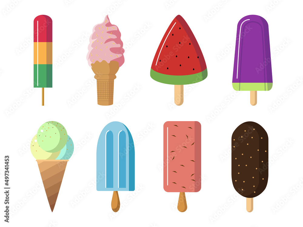 Vector illustration of natural appetizing ice cream on white background. Set homemade or street ice cream with various fillings in cartoon style. Vector illustration of natural appetizing ice cream on white background. Set homemade or street ice cream with various fillings in cartoon style.
