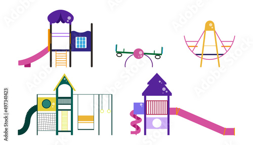 Set of children's slides in cartoon style. Vector illustration of playground, amusement outdoor park, place for children's games.