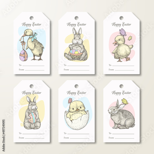 Happy Easter Greeting Cards or Ready-to-Use Gift Tags or Labels Templates Set. Hand Drawn Cute Animals and Birds Sketch Illustrations. Spring Holiday Celebration Design Layouts Bundle Isolated