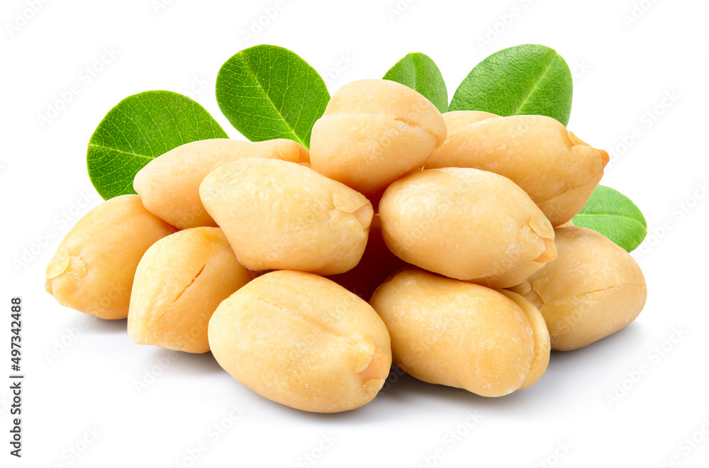 Peanut isolated. Peanuts heap with leaves on white background. Peeled group of nuts. Clipping path. Full depth of field.