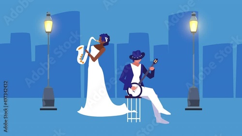 musicians couple playing instruments on the city photo