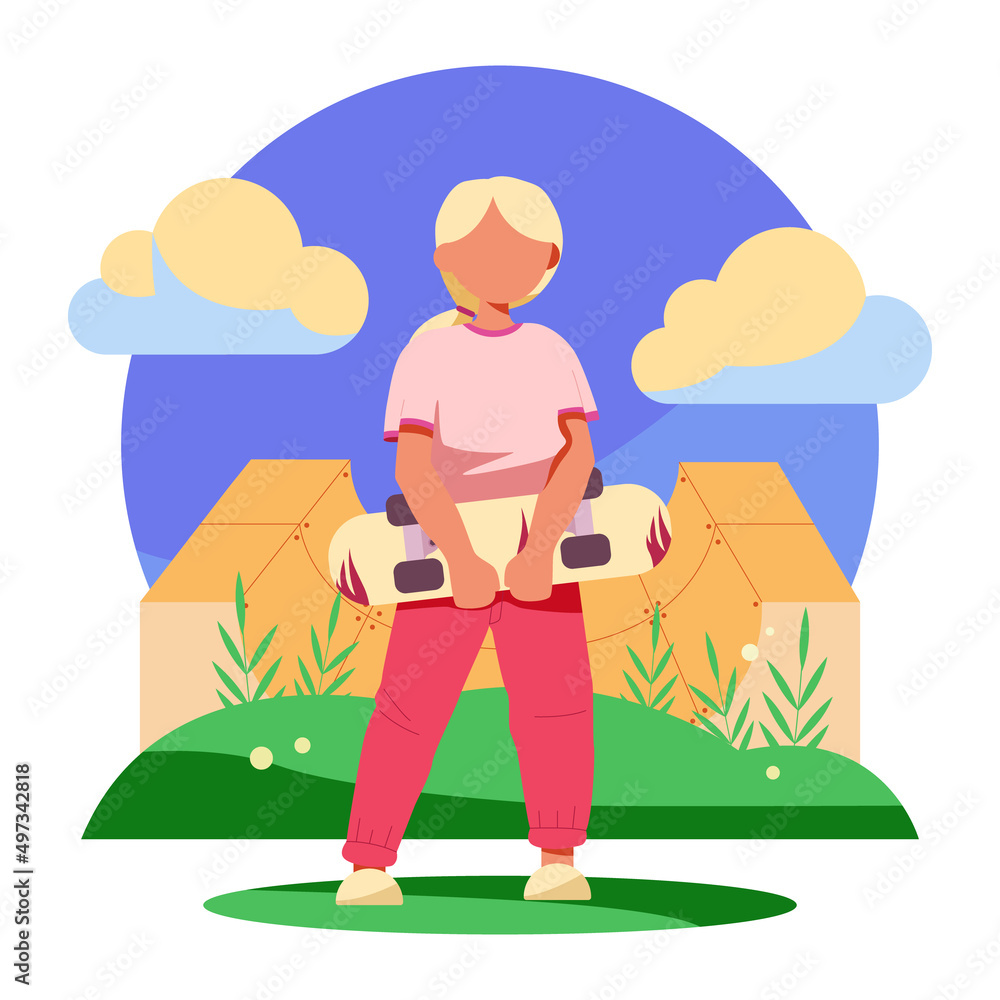 Fototapeta premium skateboarding park outdoor. girls in helmets skating on skateboards, roller skates, bike and scooter on ramp. Recreation at skatepark playground vector illustration.