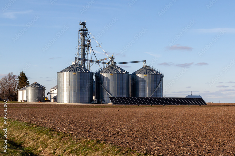Illinois, USA March 26, 2022 GSI storage grain bins are seen in the