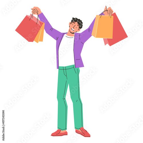 Happy shopper or male shopper raising hands with shopping bags illustration isolated on white background Big sale and shopping during crazy sales discountsю