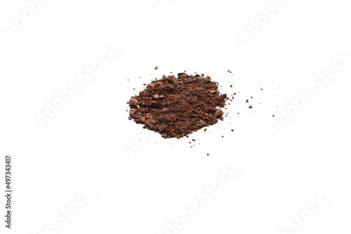 Makeup cosmetics. Eyeshadow in brown color crushed palette, colorful eye shadow powder isolated.