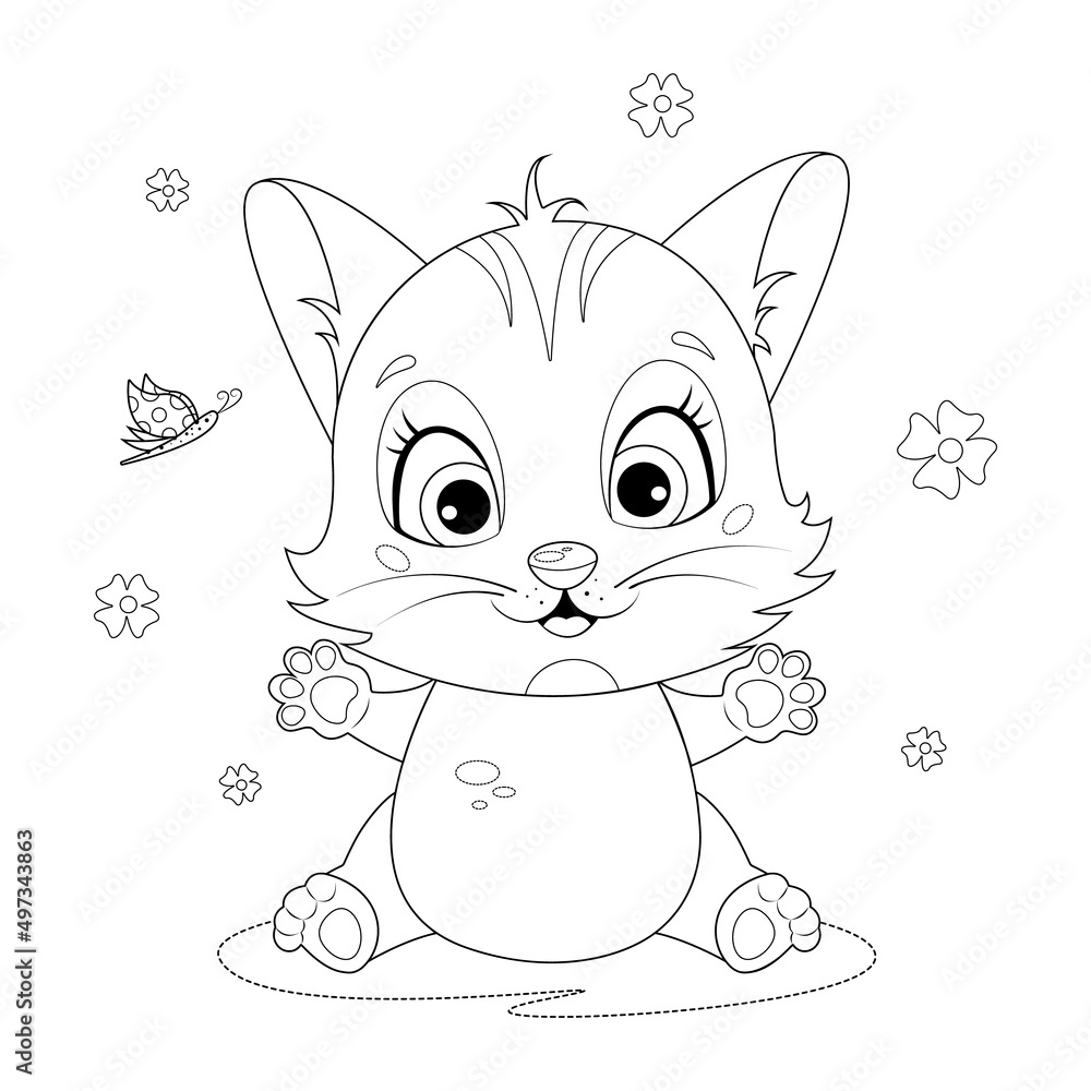 Obraz premium Coloring page. Cute and funny cartoon kitten with a butterfly