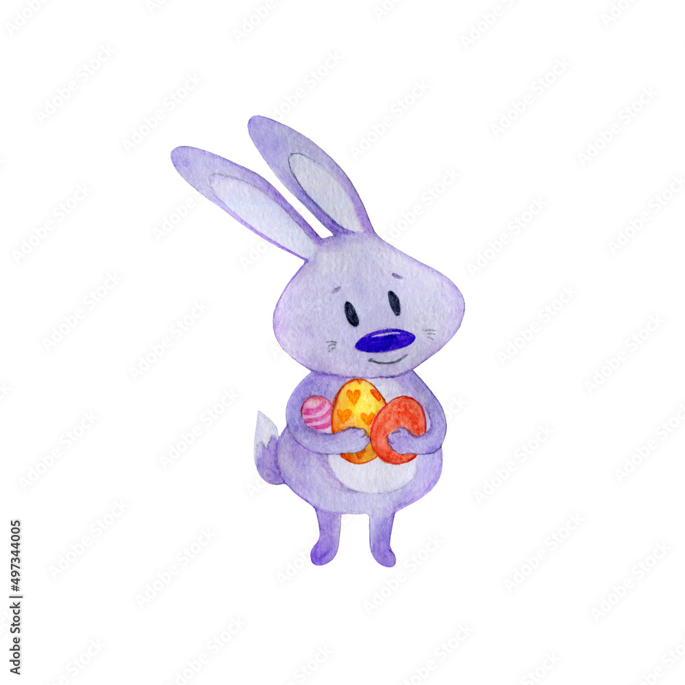 Hand-drawn watercolor illustration of Easter. Cute Easter Bunny with a eggs. Easter or children's themed birthday card template with a rabbit. Watercolor clipart for cards, stickers, posters, banners Hand-drawn watercolor illustration of Easter. Cute Easter Bunny with a eggs. Easter or children's themed birthday card template with a rabbit. Watercolor clipart for cards, stickers, posters, banners