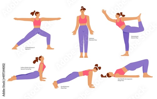 Set of yoga asanas, poses. Woman practicing yoga. Flat vector illustration, isolated characters