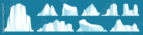 Floating icebergs collection. Drifting arctic glacier, block of frozen ocean water. Icy mountains with snow. Melting ice peak. Antarctic snowy landscape. South and North Pole. Vector illustration.