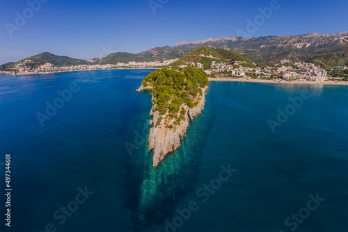 Aerophotography. View from flying drone. Panoramic cityscape of Budva, Montenegro. Top View. Beautiful destinations