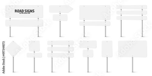 Various road, traffic signs. Highway signboard on a chrome metal pole. Blank white board with place for text. Directional signage and wayfinder. Information sign mockup. Vector illustration