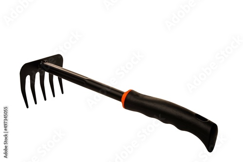 Fototapeta small rake gardening 5 teeth with black handle