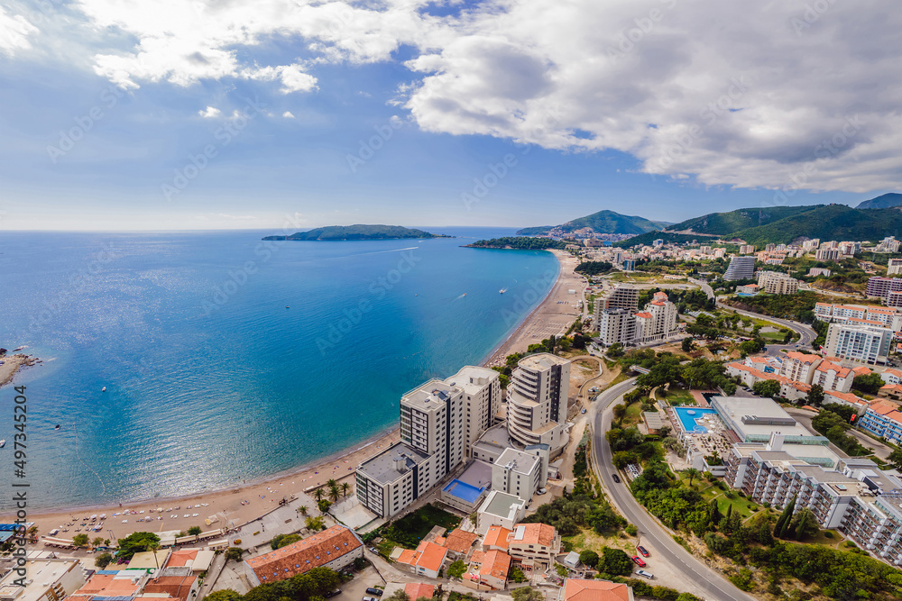 Aerophotography. View from flying drone. Panoramic cityscape of becici, Budva, Montenegro. Top View. Beautiful destinations