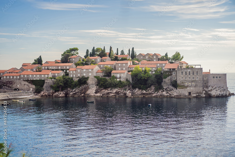 Beautiful view of the island of St. Stephen, Sveti Stefan on the Budva Riviera, Budva, Montenegro